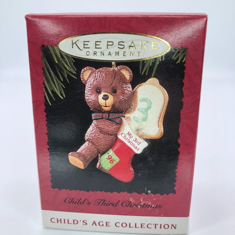 Vintage Hallmark Ornament Teddy Bear Figurine for Child's 3rd Christmas 1996 NEW